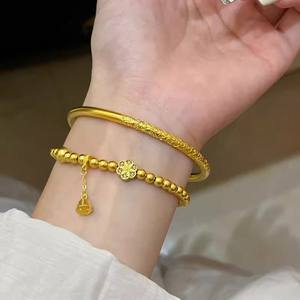 Bracelet Ancien Motif Tangcao <span class=keywords><strong>Mots</strong></span> Porte-Bonheur Solide <span class=keywords><strong>à</strong></span> Boucle Fermée Cercle Fin Jaune Jumeau pour Femme - Product Image 1
