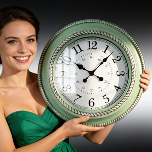 Orologio <span class=keywords><strong>da</strong></span> <span class=keywords><strong>Parete</strong></span> Stile Country Francese Verde Chiaro Effetto Invecchiato Dettaglio Corda Bianca Movimento al Quarzo Silenzioso Materiale Plastico per Soggiorno - Product Image 1