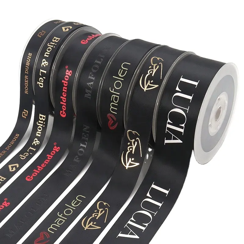 Wholesale double faced custom colors embossed printed black polyester satin ribbon with logo