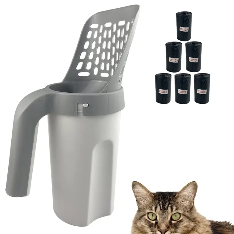 OEM 2 en 1 Portable Pet Kitten Poignée de grande capacité et sac poubelle Chats Pelle de nettoyage Pelle à litière pour chat avec sac