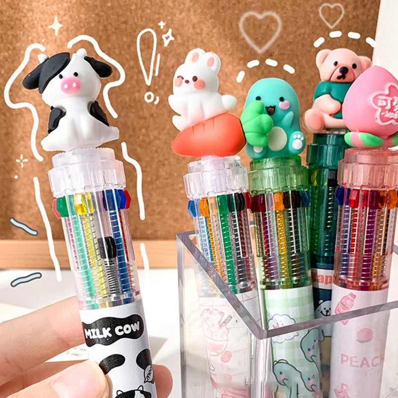 0.5mm Student Cartoon Head Top 10 Color Girl Presses Ball Point Pen Wholesale Plastic Cute Animal Head Warhead Ballpoint Pen