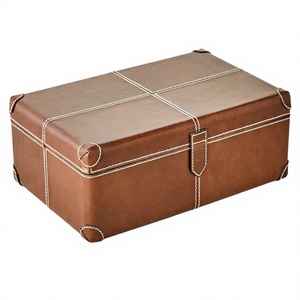 Boîte de rangement rectangulaire en cuir marron antique avec couvercle, design classique, détails de couture, pour le rangement de bijoux en voyage, paniers de rangement - Product Image 1
