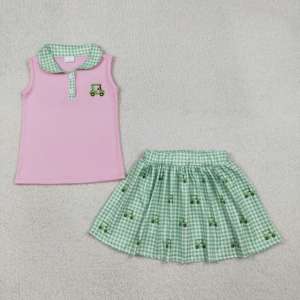 Ensemble 2 pièces respirant pour petites filles, motif chariot de golf décontracté, chemise et short, vêtements pour sœurs, en laine peignée - Product Image 2