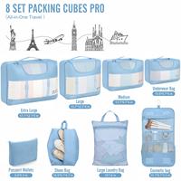 Accessoires de bagages cabine avec grand sac à linge et trousse de toilette suspendue, 8 cubes de rangement de 4 tailles