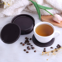 Dessous de verre en cuir PU pour table Ensemble de 6 sous-verres ronds noirs Tapis pour boissons Bar Tasses à café Verre