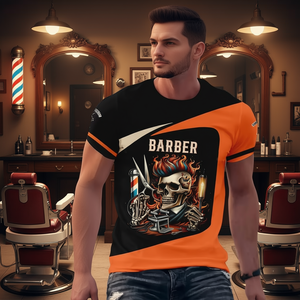 Camiseta de Barbero con Estampado de Calavera y Cabello en Llamas, Negra y Naranja, Estampado Completo, Unisex, Jersey con Gráficos de Barbería - Product Image 3
