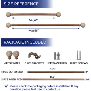 Barra de cortina de madera maciza personalizada con remate de tapa, barra de cortina para ventanas, barra de cortina ajustable con soportes para sala de estar