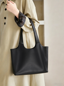 Genuine Leather Tote Bag Pebbled Texture Solid Color Minimalist Style Open Top Daily Use Women's Shoulder <b>Handbag</b> - Product Image 6
