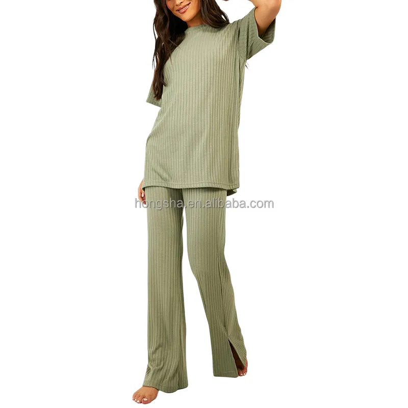 Loungewear महिलाओं सेट लक्जरी देवियों बुनना Loungewear सेट वृहदाकार काटने का निशानवाला शीर्ष और पतलून 2 टुकड़ा Loungewear सेट महिलाओं