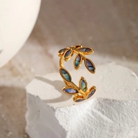 Anillo Abierto Ajustable de Acero Inoxidable con Diseño de Hoja Esmaltada y Baño de Oro de 18K, Joyería Moderna Unisex