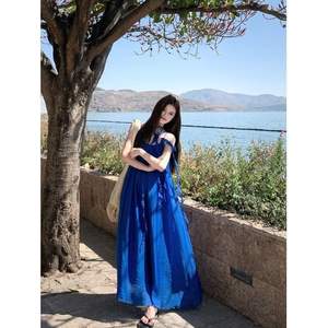 Vestido Largo de Verano para Mujer, Estilo Francés, Cuello Mandarín, Estampado con Personajes, Tejido, Corte en A, Hombros Descubiertos, Poliéster/Algodón, Transpirable, Color Azul - Product Image 1