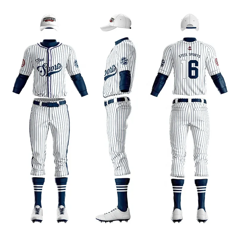 Custom Streep Baseball Jersey Blauw 100% Polyester Volledige Button Down Volwassen Honkbal & Softbal Wear Mannen Shirts & Tops Sportkleding