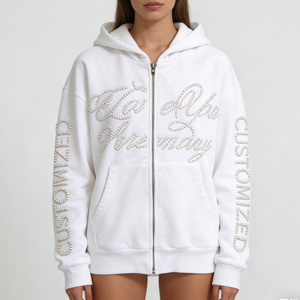 Custom Logo Women Summer Knitted 100% Cotton Zip-<b>Up</b> Hooded Long Sleeve Loose Casual Outerwear Pocket Pearl Decoration Hoodies - Product Image 3