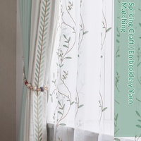 Rideaux en polyester vert clair brodés de feuilles, style américain moderne et minimaliste, à fixation murale pour salon, balcon, chambre à coucher