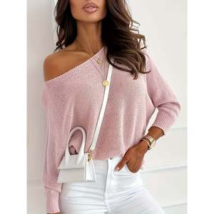 เสื้อสเวตเตอร์แขนยาวแบบเปิดไหล่สีชมพูสำหรับผู้หญิง - Product Image 1