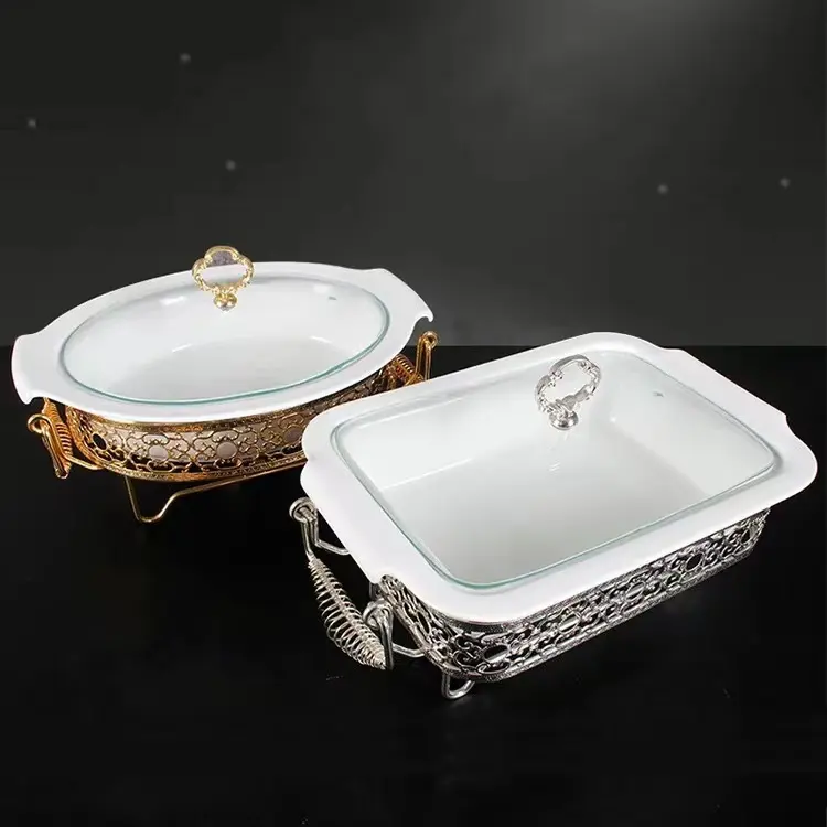 2023 suprimentos Ceramic Buffet Chafing pratos Gold Rack Casserole Porcelain Food panela de sopa mais quente com tampa De Vidro