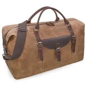 Custom Waterproof Vintage Canvas Large Travel Tote Bag Shoulder Bag Brown Travel Duffel Bag for Men