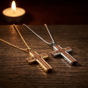 Collier en bois naturel et acier inoxydable pour hommes, lot de 2, pendentif or et argent, bijoux religieux, vente en gros - Product Image 5