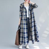 Robe Chemise Décontractée en Lin et Coton Tissé Vintage Automne Hiver, Coupe Ample à Manches Longues, Motif Carreaux, Boutons, Capuche à Cordon, Poches, Respirante