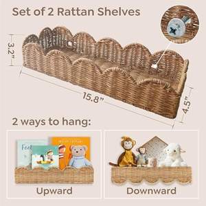 Natural Rattan Kids Bookshelf <b>Wall</b> Mounted Floating Shelf Set of 2 Handmade Wicker <b>Nursery</b> Book Rack for Baby Room Boho <b>Decor</b> - Product Image 4