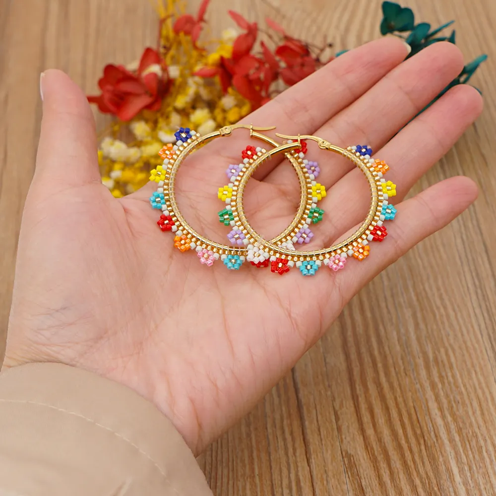 Go2boho Fashion Colorful Flowers Bohemian Native Gold Plated Stainless Steel Large Hoop Earrings Miyuki Beaded Earring For Women