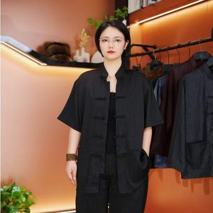 Traje Tang Negro para Mujer, Manga Corta, Ropa Tradicional China, Cierre de Botones, Corte Holgado, Uniforme de Artes Marciales - Product Image 1