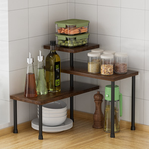 Étagère de rangement en bois à trois niveaux, organisateur de condiments de cuisine, support d'étagère d'angle multifonctionnel - Product Image 1