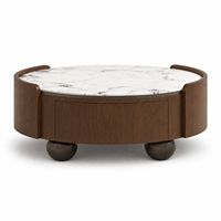Table basse ronde moderne et éclatante avec surface veinée blanche et corps incurvé en bois foncé pour salon