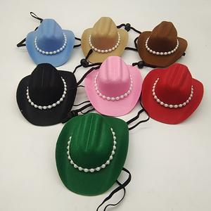 قبعة دنيم غربية مزينة باللؤلؤ الجديد ، قبعة حيوانات أليفة صغيرة بنمط صلب ، قبعة حيوانات أليفة للقطط والكلاب لجميع أيام الهالويين والشتاء - Product Image 1