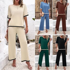 Nuevo Conjunto de Dos Piezas Casual para Mujer de Otoño, Top de Punto de Manga Corta y Pantalones Anchos para Conjuntos Deportivos - Product Image 2