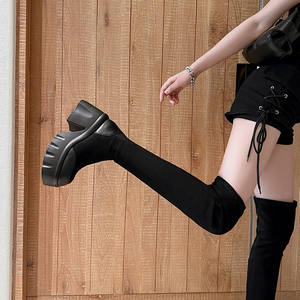 Botas de Moda de Cuero de Color Puro con Punta Redonda y Tacón Alto, Impermeables, Delgadas, por Encima de la Rodilla - Product Image 3