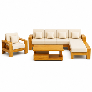 Conjunto de Salón Seccional Contemporáneo con Estructura de Teca, Sillón Chaise Longue y Mesa de Centro de Madera para Sala de Estar de Villa o Resort - Product Image 3