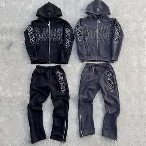 OEM kustom Logo pria Puff cetak penuh Zip Up Hoodie berlian imitasi pria Set dua potong Set kosong katun beludru Tracksuit