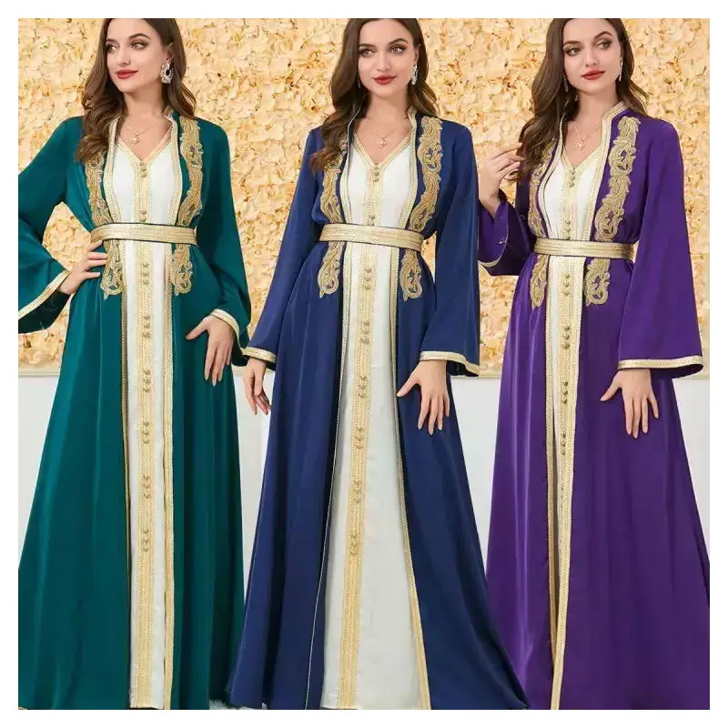 Muslim Two Piece Long Skirt Long Sleeve Dresses with Belt Abaya Dubai Women Muslim Dress for Women Maxi Ethnic Islamic Clothing