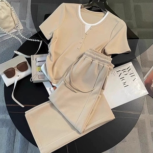女式休闲运动套装夏季潮流青春束腰修身短袖阔腿裤两件套 - Product Image 4