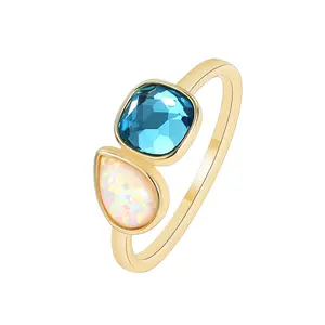 Grosir Mode Emas Disepuh Kuningan Geometris Bentuk Tetesan Opal Persegi Biru Zirkon Cincin Terbuka Disesuaikan untuk Wanita