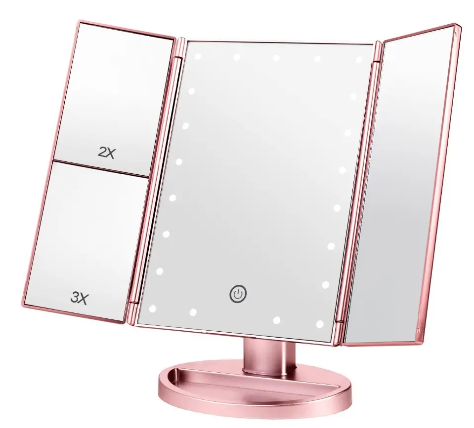 2022 Led Iluminado Espelho de Maquilhagem Make Up Tri-Fold com 22Pcs Luzes 180 Graus de Rotação Livre Bancada Mesa de Cosméticos