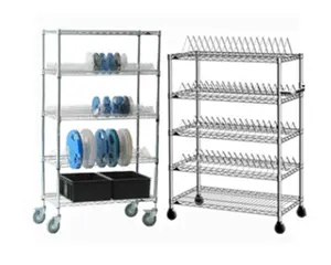Carbon Steel ESD SMT SMD PCB Reel Storage Trolley Metal Shelf Chrome Wire Shelving Rack Trolley Cart