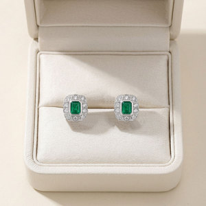 High-end Vintage Edwardian Design Gemstone Jewelry 18K Solid White Gold Natural <b>Emerald</b> And Diamond Earrings For Party <b>Dress</b> Up - Product Image 5