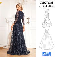 Robe de soirée longue en dentelle à sequins, manches 3/4, col en V, coupe trapèze, bleu marine, pour femme, idéale pour bal de promo ou invitée de mariage - Vente en gros usine