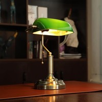 Lámpara de Escritorio de Vidrio Verde Vintage, Lámpara de Mesa de Latón con Interruptor de Cadena, Estilo Inglés Retro