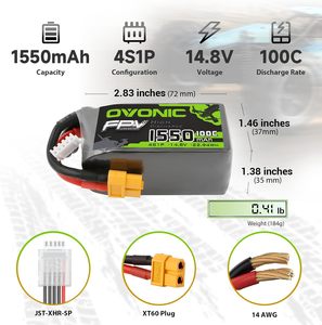 Batterie Lipo OVONIC 4S 1550mAh 14.8V 100C XT60 pour drone de course FPV RC Quadcopter - Product Image 2