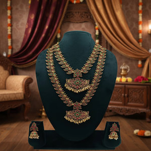 Super Premium Quality Traditional Ethnic Tempal Necklace Earrings <b>Set</b> Zircon Copper Imitation Rhodium Plated Women's Anniversary - Product Image 2