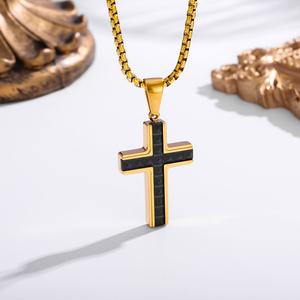 Mens <b>Cross</b> Pendant Necklace Stainless Steel 18K Gold Plated Black Christian Faith Rolo <b>Chain</b> Hip Hop Fashion Jewelry Non Tarnish - Product Image 6