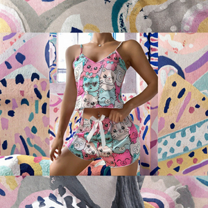 Pijamas Casuales de Satén para Mujer al Por Mayor, Cintura Elástica, Transpirables, Térmicas, de Punto, Poliéster/Algodón, Cuello en V, Sin Mangas - Product Image 3
