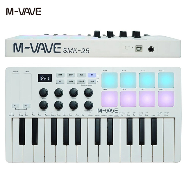 M-VAVE SMK25 25-Key USB Bt RGB Backlit Trigger Pad MIDI Keyboard MIDI Controller for Studio and Live Performance