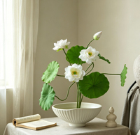 Tige de lotus artificielle en EVA au toucher réel, bourgeon de feuille de lys d'eau artificiel fait main, ornement floral blanc et rose pour vase zen asiatique et décoration de table