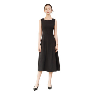 Apricot O-Neck Sleeveless Vest Dress Mid-Length Tight Waist Simple Office Casual Dress - Product Image 5