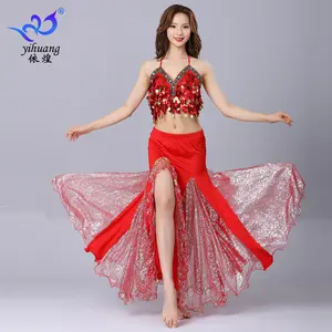 Conjunto de 2 peças com top e saia de dança do ventre com borla de lantejoulas para mulheres, fantasia de competição de dança de festa feminina sexy