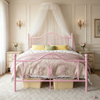 Lit en métal rose style princesse avec tête de lit et pied de lit à motifs papillon, lit en métal taille complète, meubles de chambre d'enfant